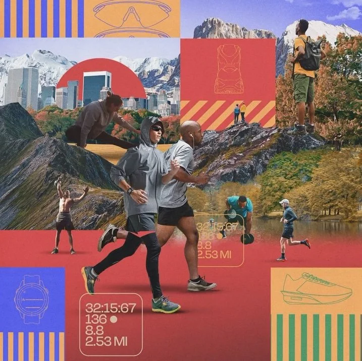 Collage of runners in scenic outdoors, fitness stats and graphics shown, mountains and cityscape in the background, with vibrant colors.