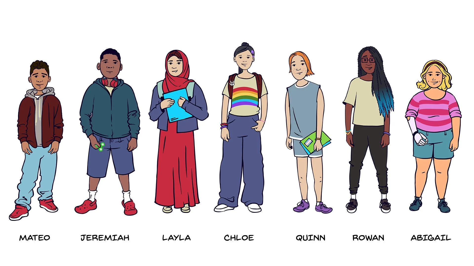 Seven diverse children stand in a row, each with their name written below, wearing different outfits and holding various items.