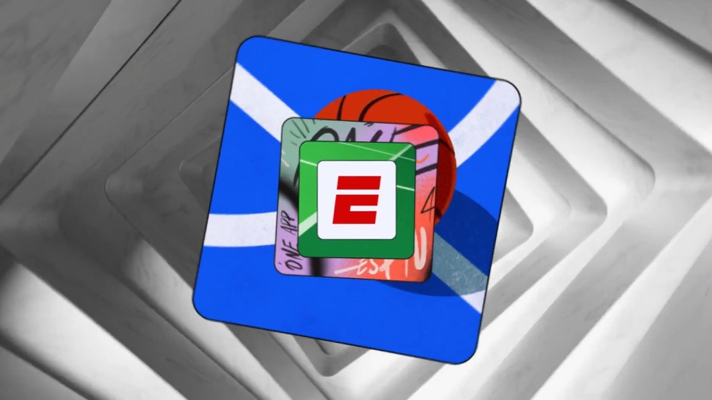 A green and red ESPN logo overlaps sports balls on a blue background with a white X, resembling the Scottish flag.
