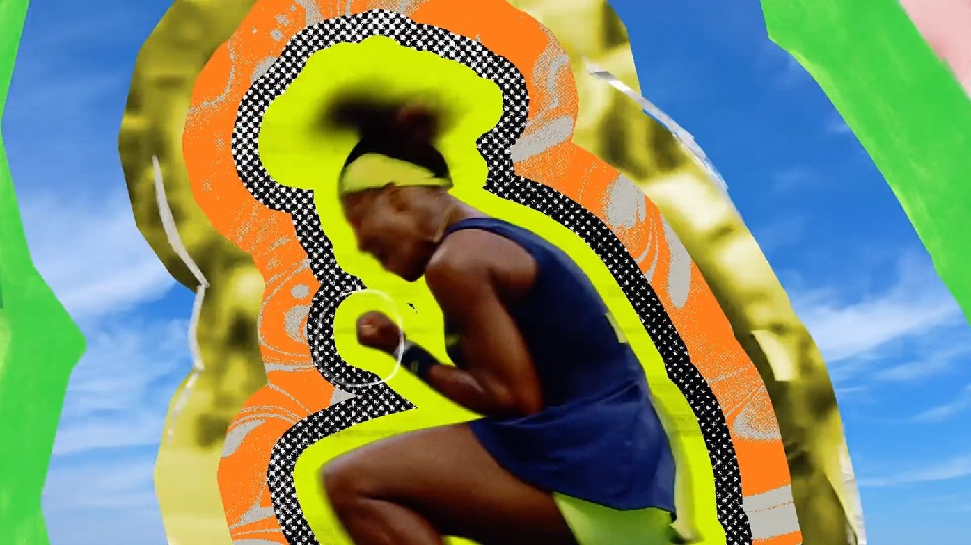 A person in bright athletic wear pumps their fist, surrounded by colorful, abstract patterns and a blue sky background.