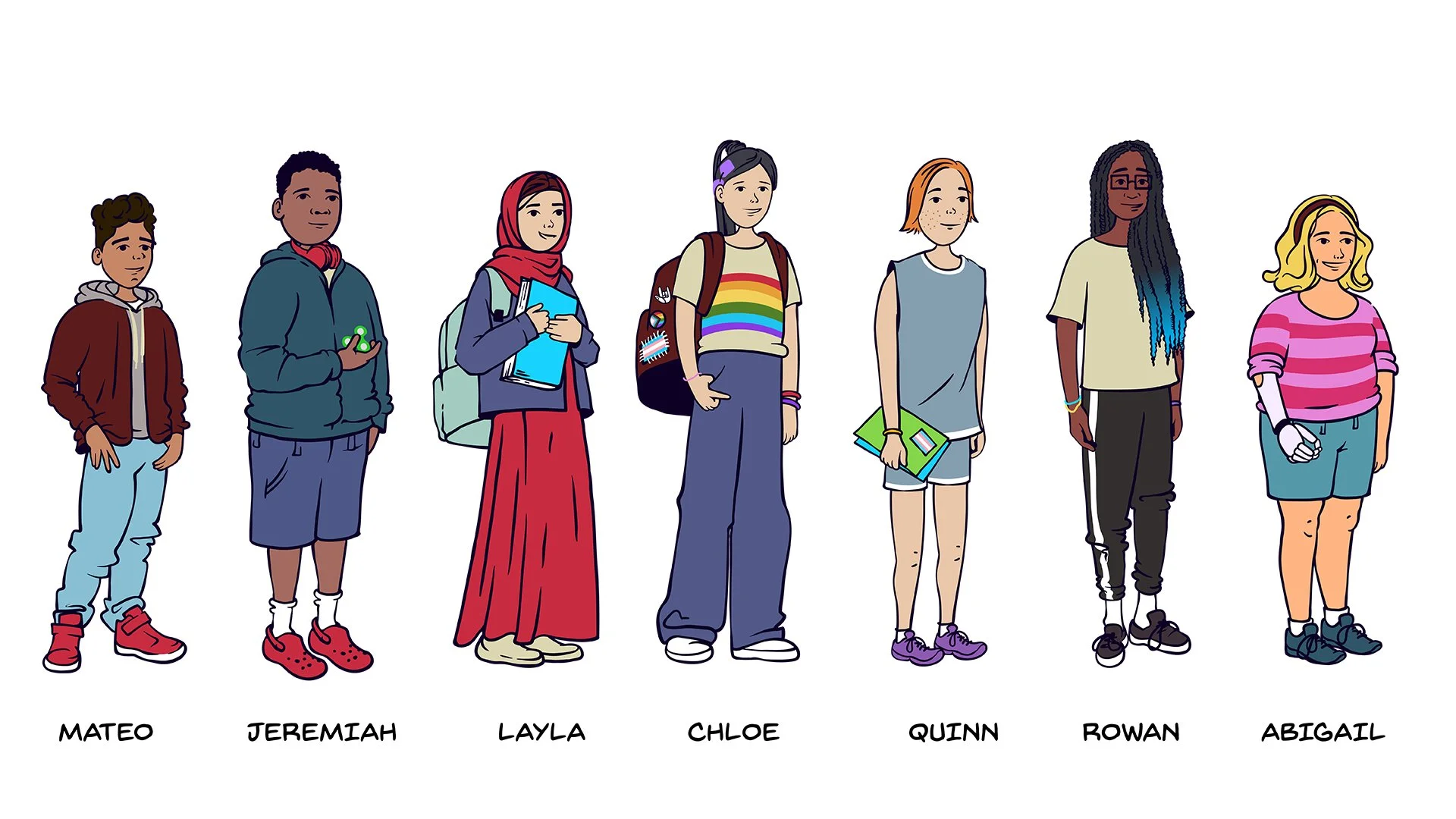 Seven diverse kids stand in a row, each with different outfits and accessories, names labeled below: Mateo, Jeremiah, Layla, Chloe, Quinn, Rowan, Abigail.