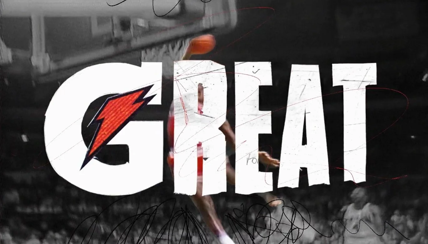 A basketball player dunks as the word GREAT with a Gatorade logo overlays the image.