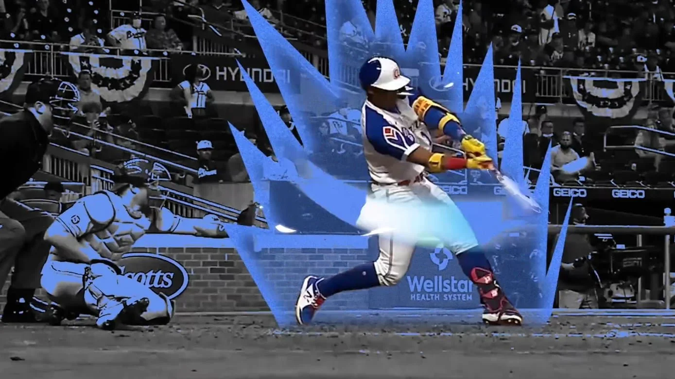 A baseball player swings at a pitch, with blue animated energy spikes highlighting the motion.