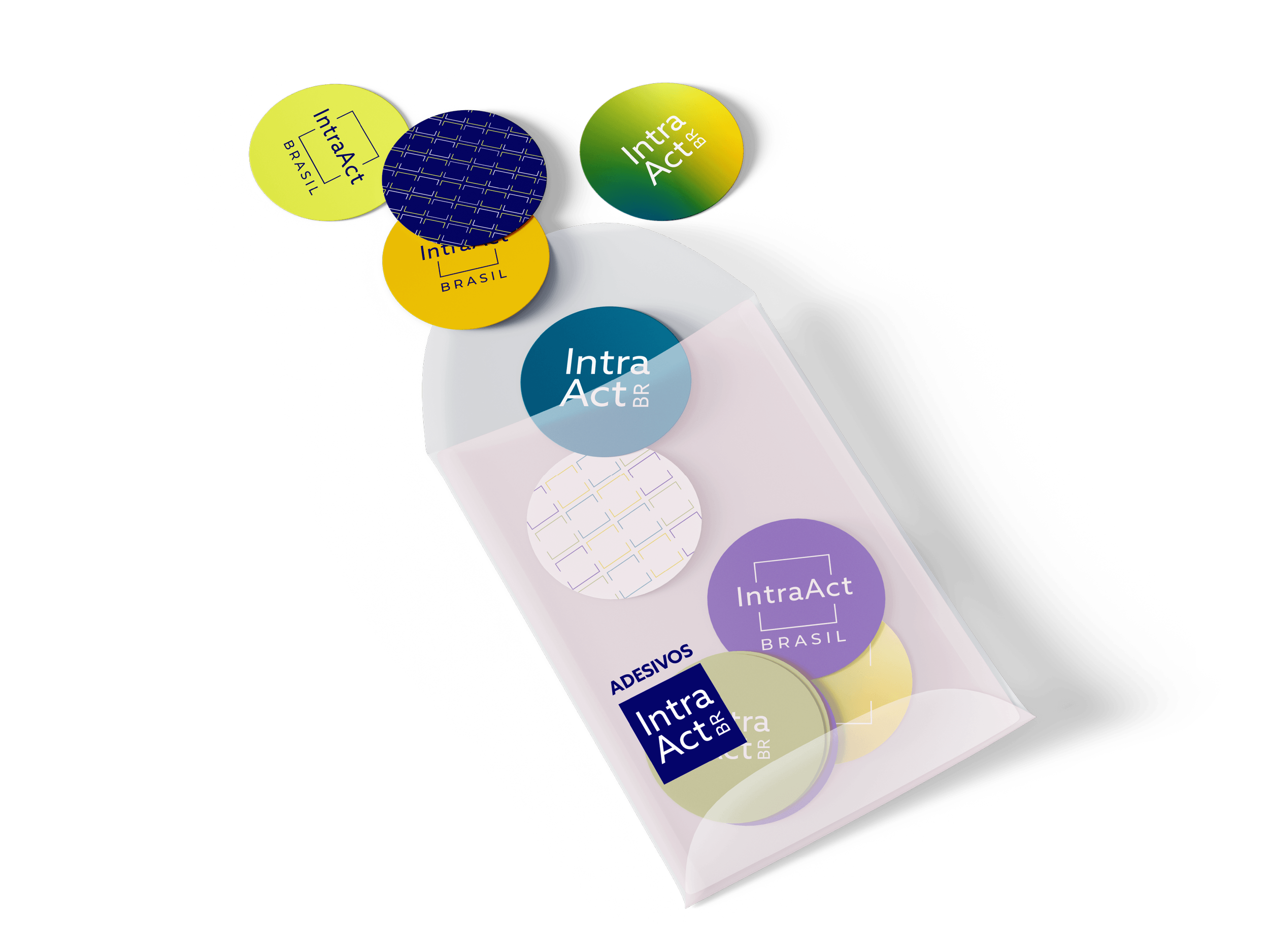 Close-up of a roll of adhesive stickers with various logos and text, including 'Intra Act Brasil' and 'IntraAct Brasil', on a white backing paper. IntraAct branding.