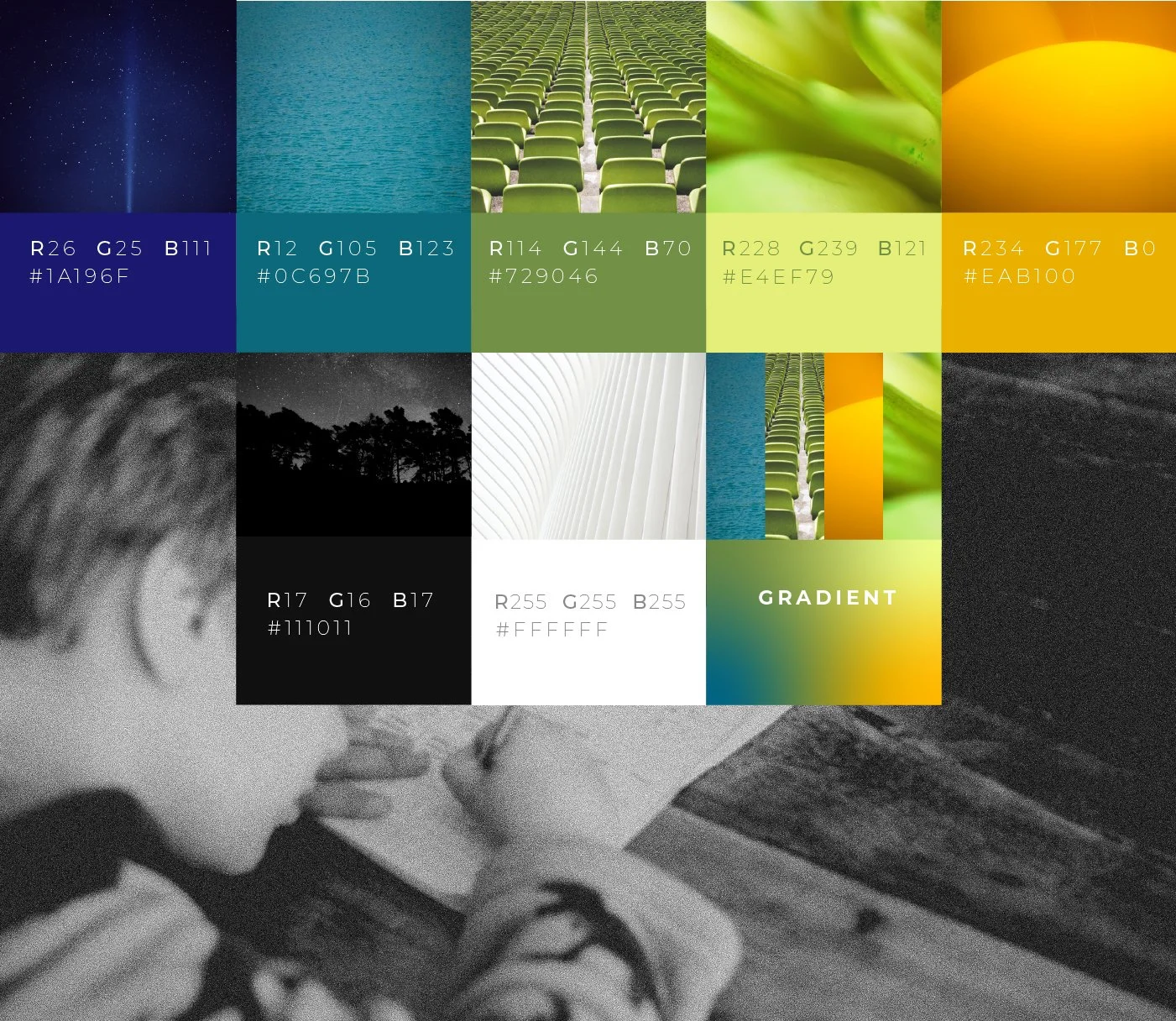 Color palette with various shades of blue, green, yellow, black, white, and gray, each labeled with RGB and hex color codes, over a grayscale background image of a person reading a book. IntraAct branding.