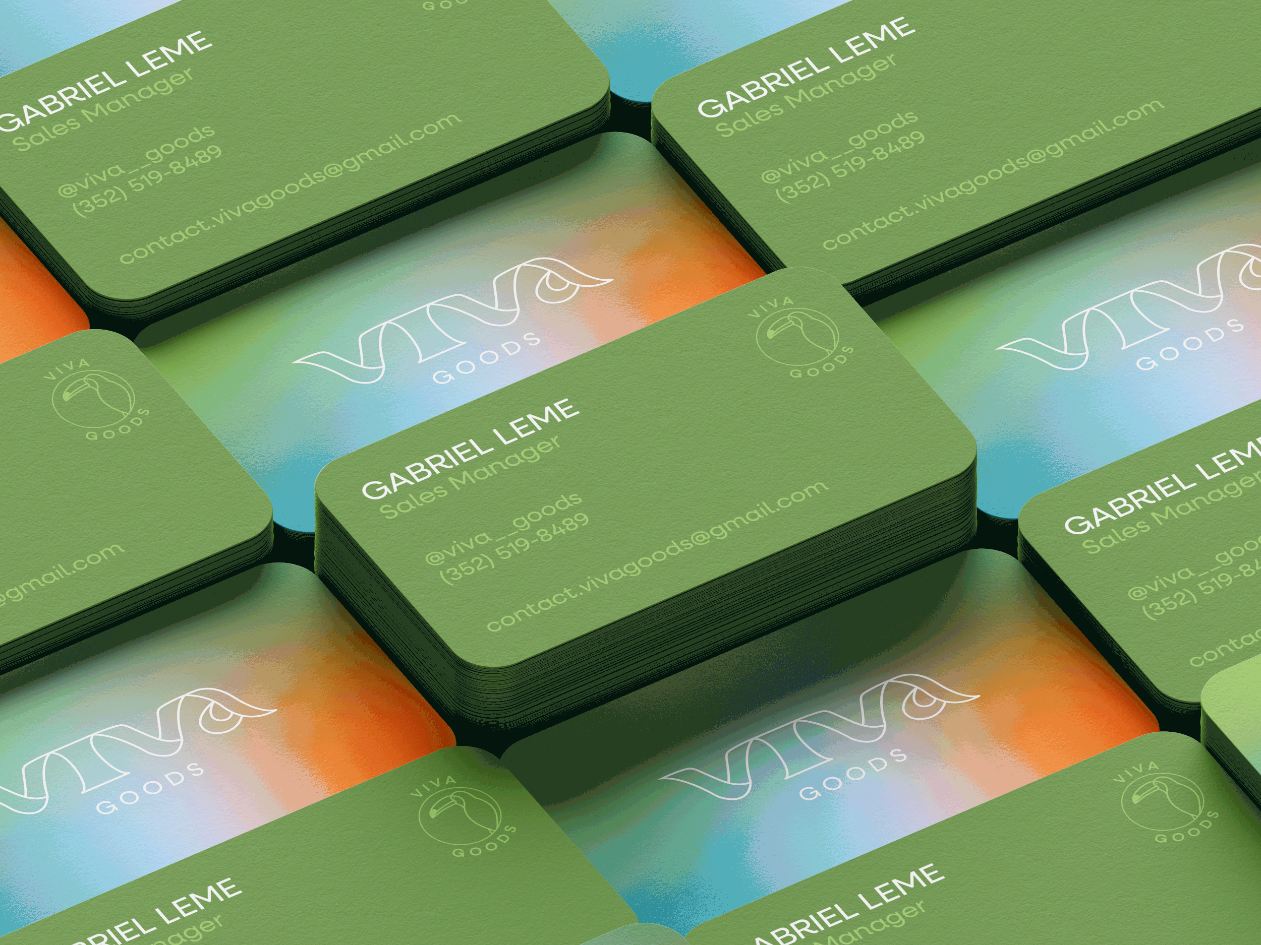 Business cards for Gabriel Leme, a sales manager at Viva Goods, arranged in a pattern. The cards are green with white text and a logo, with some cards showing a colorful, abstract background.