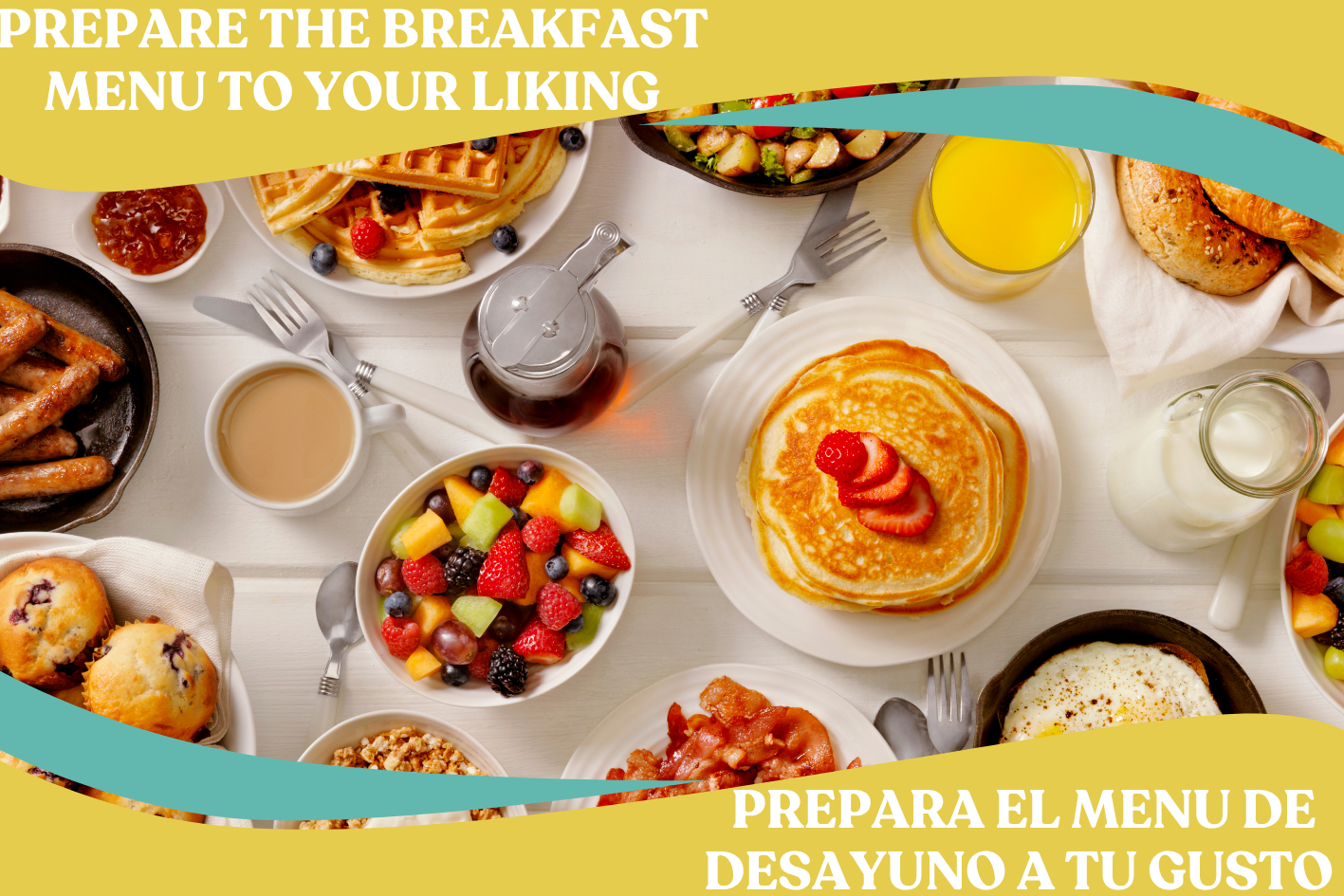 A table with various breakfast foods including pancakes with strawberries, a fruit salad, waffles with fruit, eggs, bacon, muffins, orange juice, coffee, milk, and syrup.