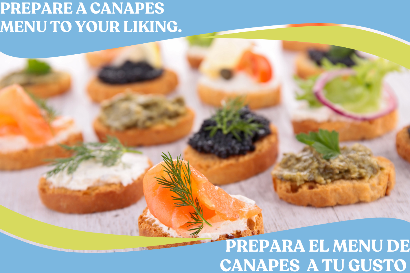 Assorted canapés with toppings like smoked salmon, herbs, and spreads on small bread slices, arranged on a light-colored wooden surface.