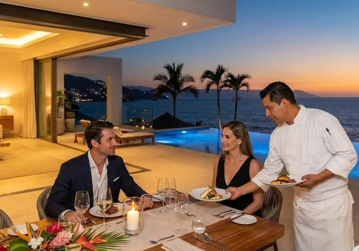 A man and woman dining at an outdoor restaurant with ocean view during sunset, a waiter serving food, and palm trees in the background.