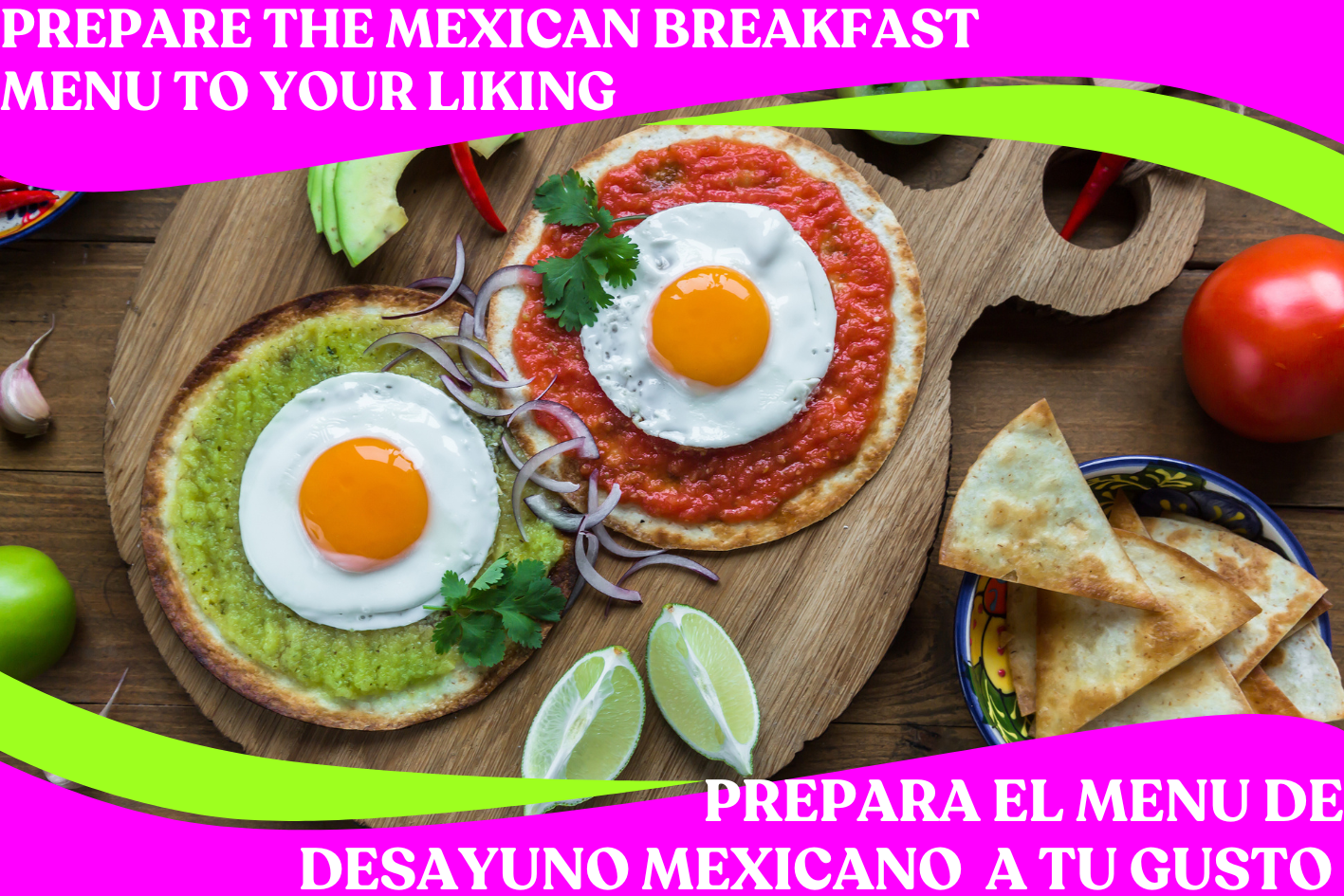 Mexican breakfast featuring two tostadas with fried eggs on top, one with red salsa and the other with green guacamole, garnished with cilantro and sliced onions, along with lime wedges and a side of tri-colored tortilla chips, set on a wooden serving board and table.