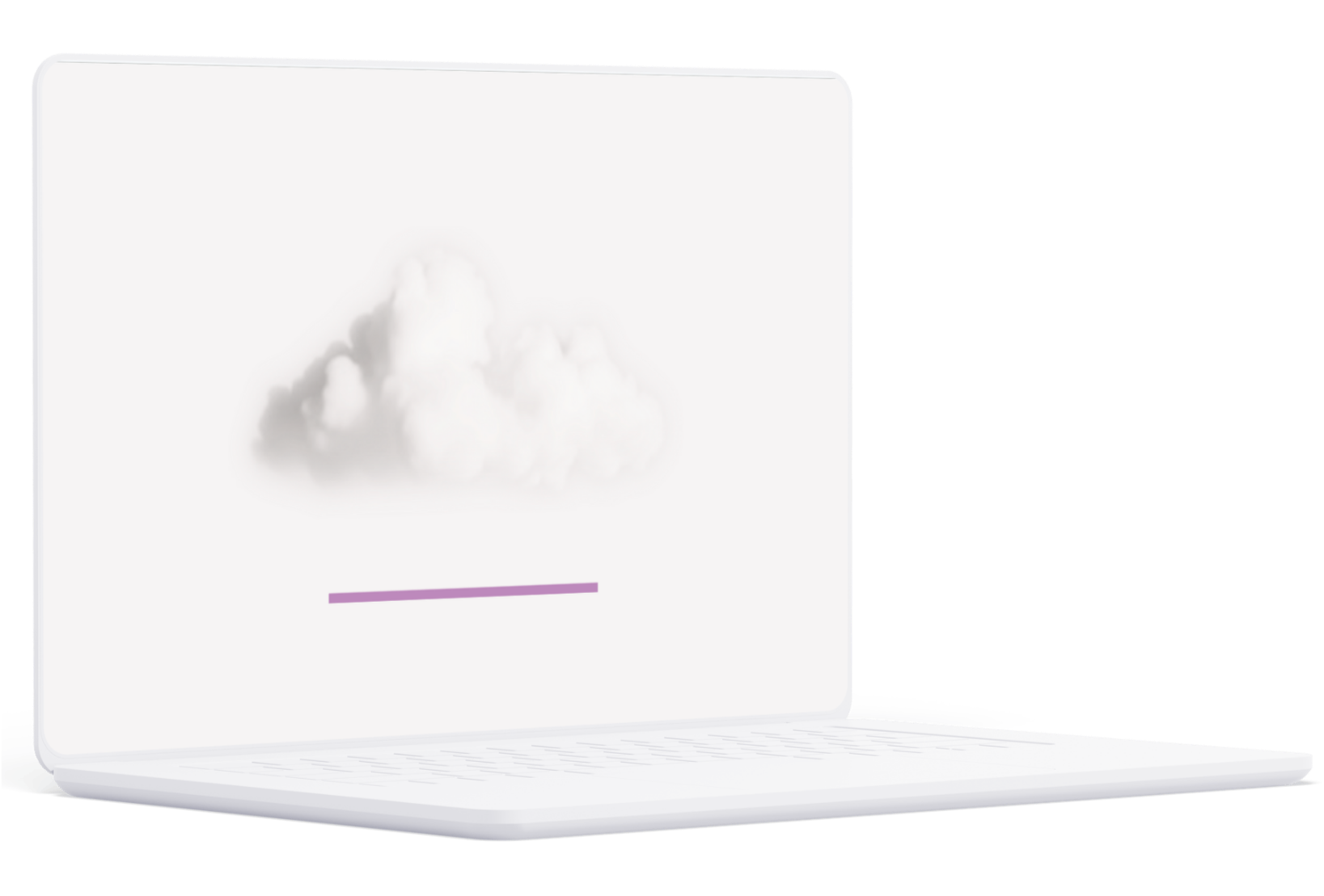 White laptop with cloud icons displayed on the screen, and a purple loading bar underneath