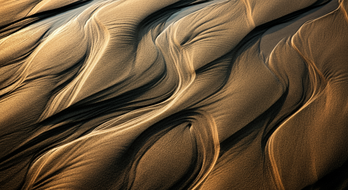Close-up of sand dunes with textured ridges and dark shadows