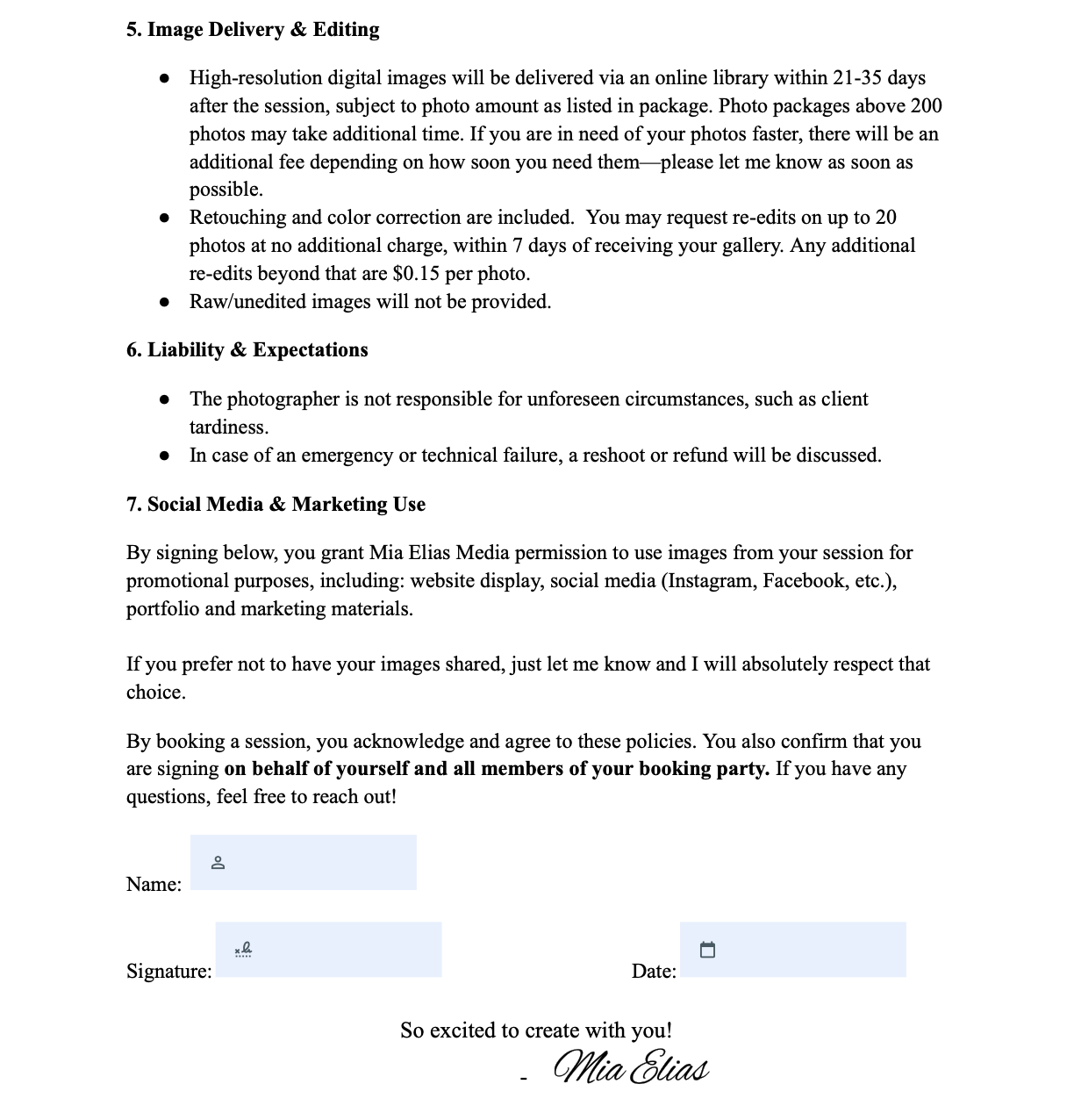 A page from a document with text about image delivery, editing, liability, expectations, and social media use. Includes signature lines for name, signature, and date.