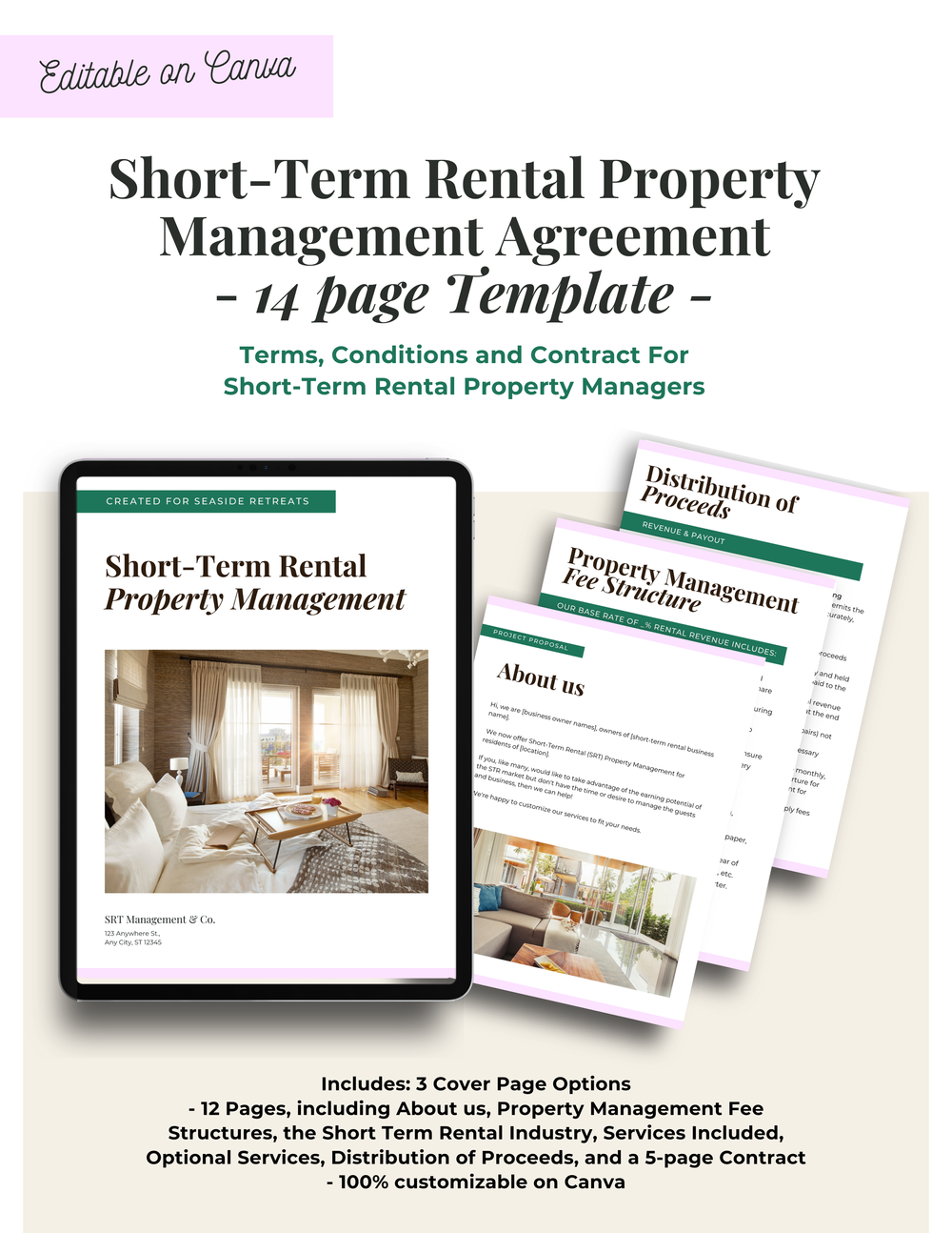 Short-Term Rental/Air BNB Property Management Terms and Conditions,  Contract, 14- Page Canva Template for Property Managers — Modern Hippie Inc.