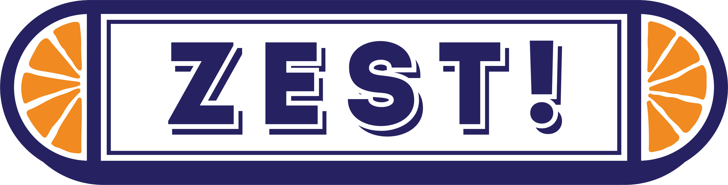 Graphic with the word "ZEST!" inside a rectangular border, flanked by orange citrus slices on each side, on a navy blue background.