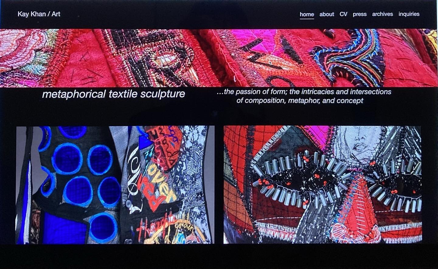 The top of the home page&hellip; see profile for direct link&hellip; &hellip;#kaykhanart #textilesculpture #contemporaryfiberartist #contemporaryfiberart #contemporaryfibreart #embroidery #contemporarystitching #artjewellery #artjewelry #patinagaller