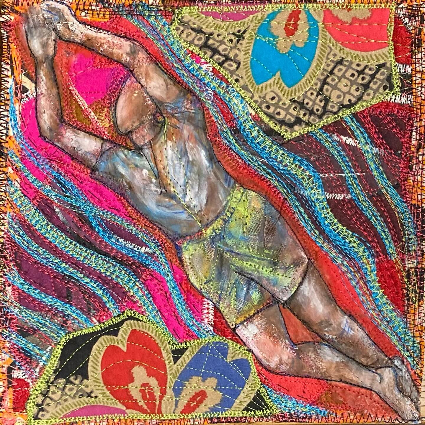 &ldquo;Swimmer&rdquo; (formally meant to be &ldquo;Jumper&rdquo;; scroll to see former sketch); 8&rdquo; x 8&rdquo;; silk, cotton edge binding, archival ink, paint; quilted, appliqu&eacute;d, hand and machine stitched, painted, drawn; &copy;️Kay Khan