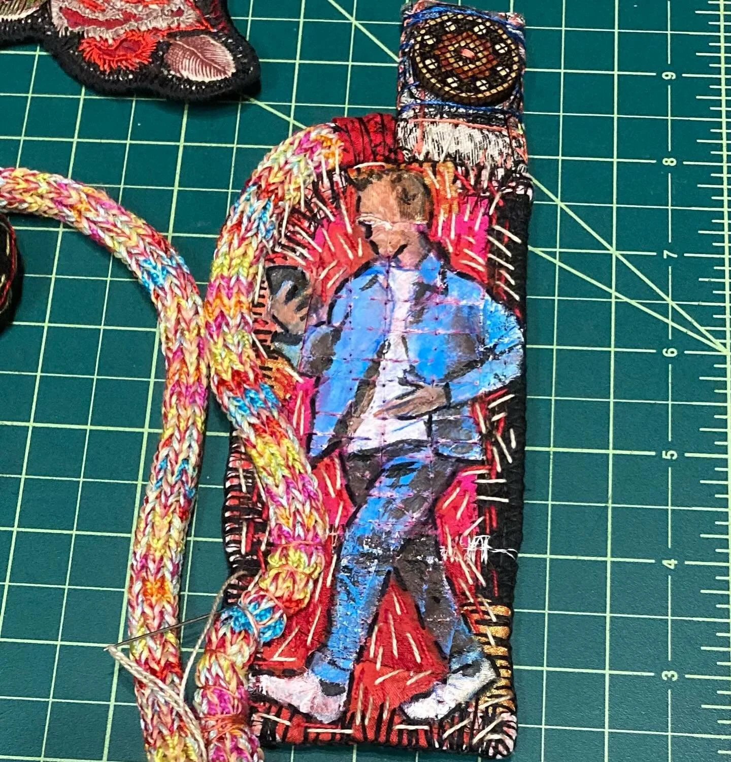 Detail from the Narrative Necklace &ldquo;The Text&rdquo; in progress and still on my worktable #kaykhanart #contemporaryfiberart #contemporaryfibreart #textileninja #artjewelry #artjewellery #narrativenecklaces #narrativenecklaces #patinagallery #co