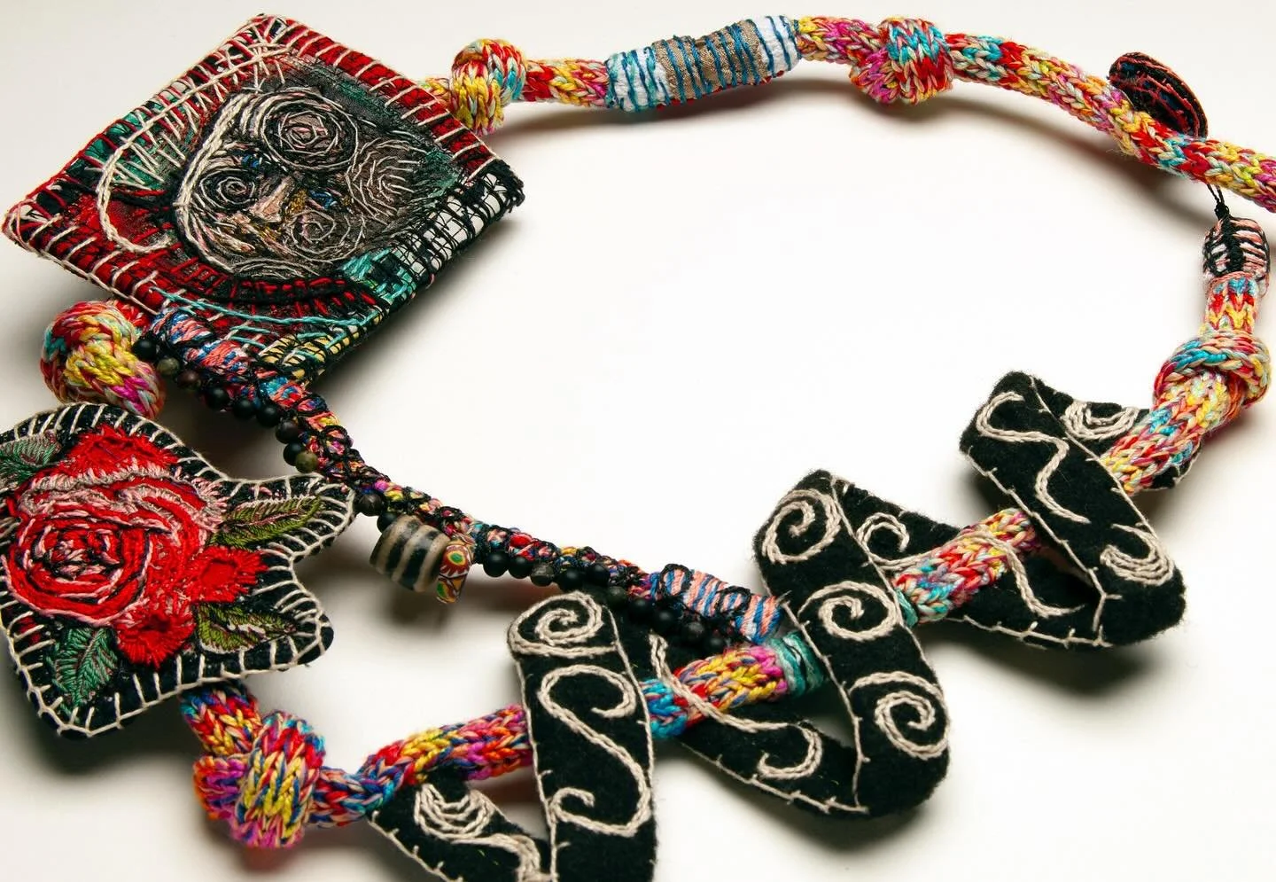 Cropped image of my narrative necklace “Geometry and Metaphor” from the recent photo shoot. 
Photo by Penina M. Thank you Penina!
©️ Kay Khan Art, 2025, all rights reserved #kaykhanart #contemporaryfiberart #contemporaryfibreart #con