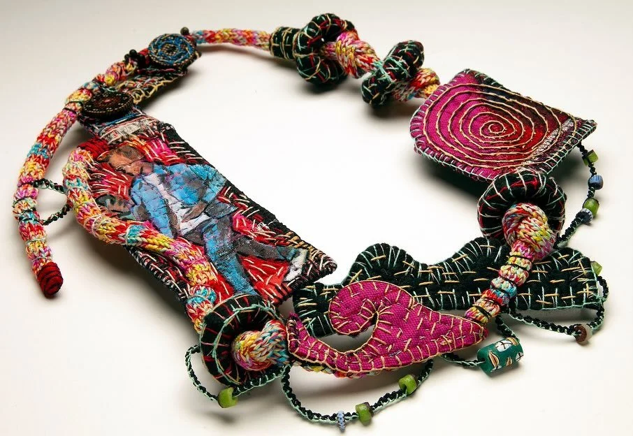 Two cropped/detailed images of my narrative necklace &ldquo;The Text&rdquo; from the recent photo shoot. 
Photo by Penina M. Thank you Penina!
&copy;️ Kay Khan Art, 2025, all rights reserved #kaykhanart #contemporaryfiberart #artjewelry #artjewellery