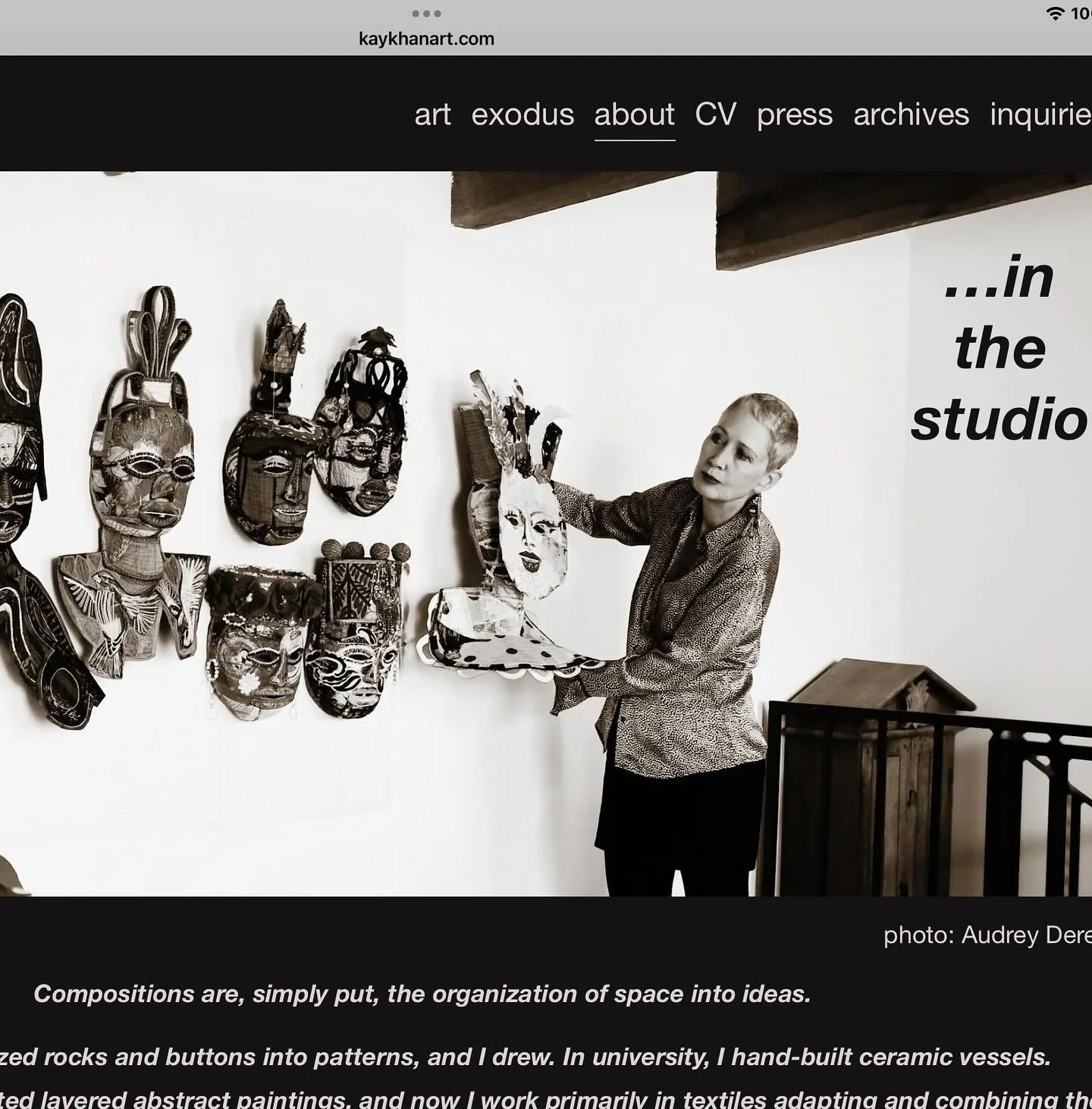 New photo for the &ldquo;About&rdquo; page on my website. - photo credit: Audrey Derell. The artworks on my work board are the wall-hung sculptures from the Ceremonial Mask series. #kaykhanart #contemporaryfiberart #contemporaryfibreart #contemporary