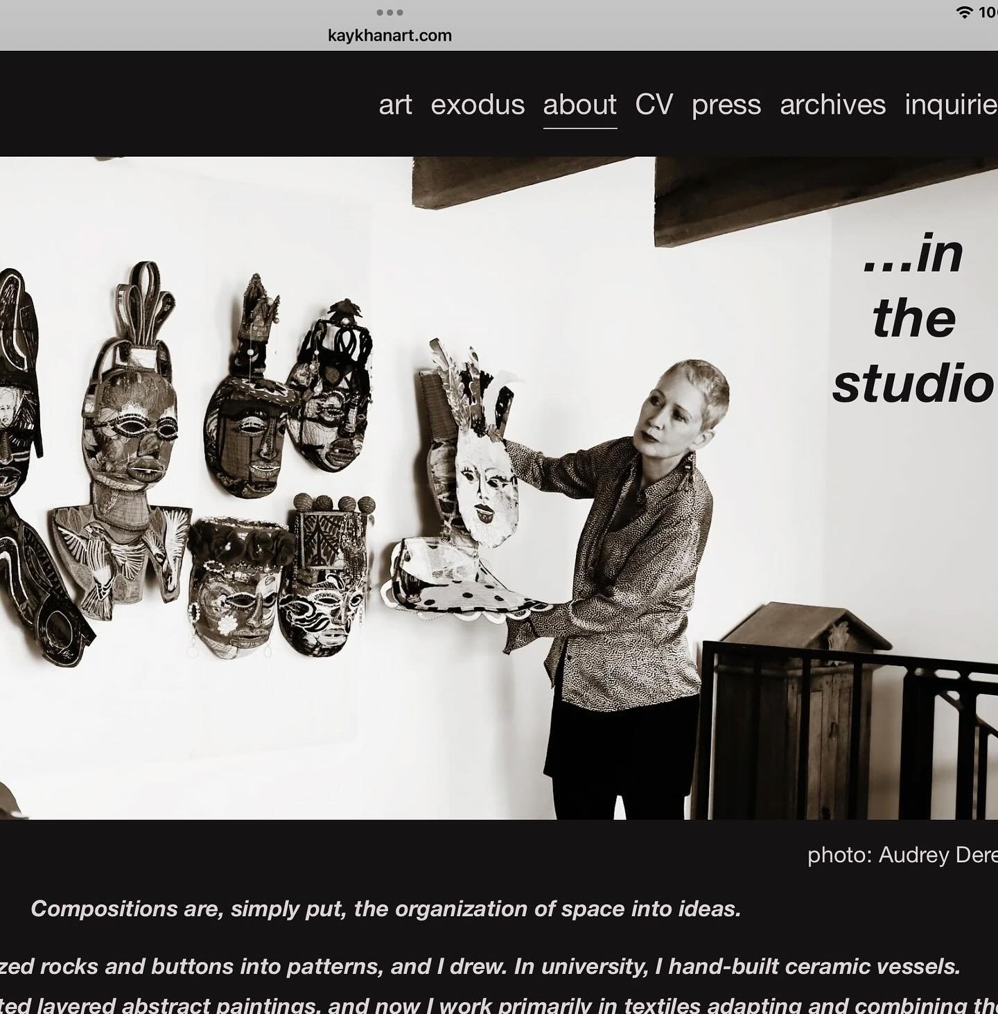 New photo for the &ldquo;About&rdquo; page on my website. - photo credit: Audrey Derell. The artworks on my work board are the wall-hung sculptures from the Ceremonial Mask series. #kaykhanart #contemporaryfiberart #contemporaryfibreart #contemporary