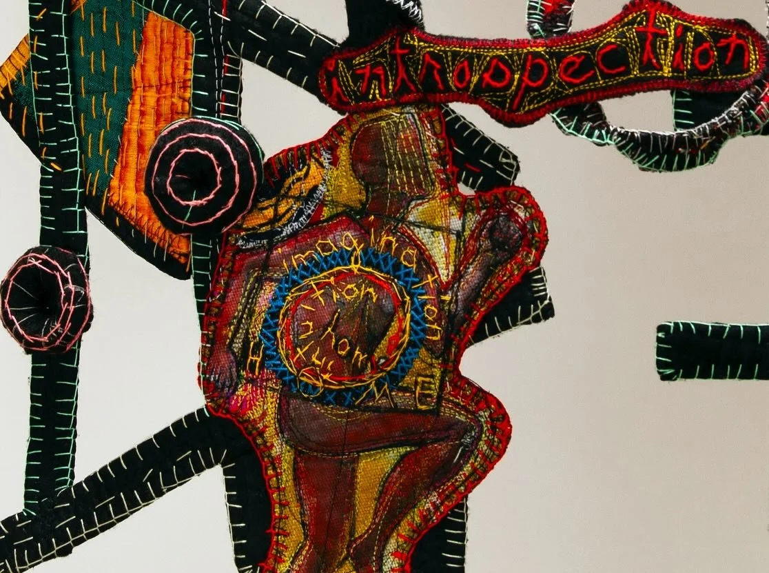 THE MAP
25&rdquo;h x 20&rdquo;w x 14&rdquo;d (detail &amp; full 2nd image)

Silk, cotton, paint, felt,  recycled plastic rings that are wrapped and embroidered to create bead &ldquo;donuts&rdquo;, metal and plastic armature (embedded)
Quilted, appliq