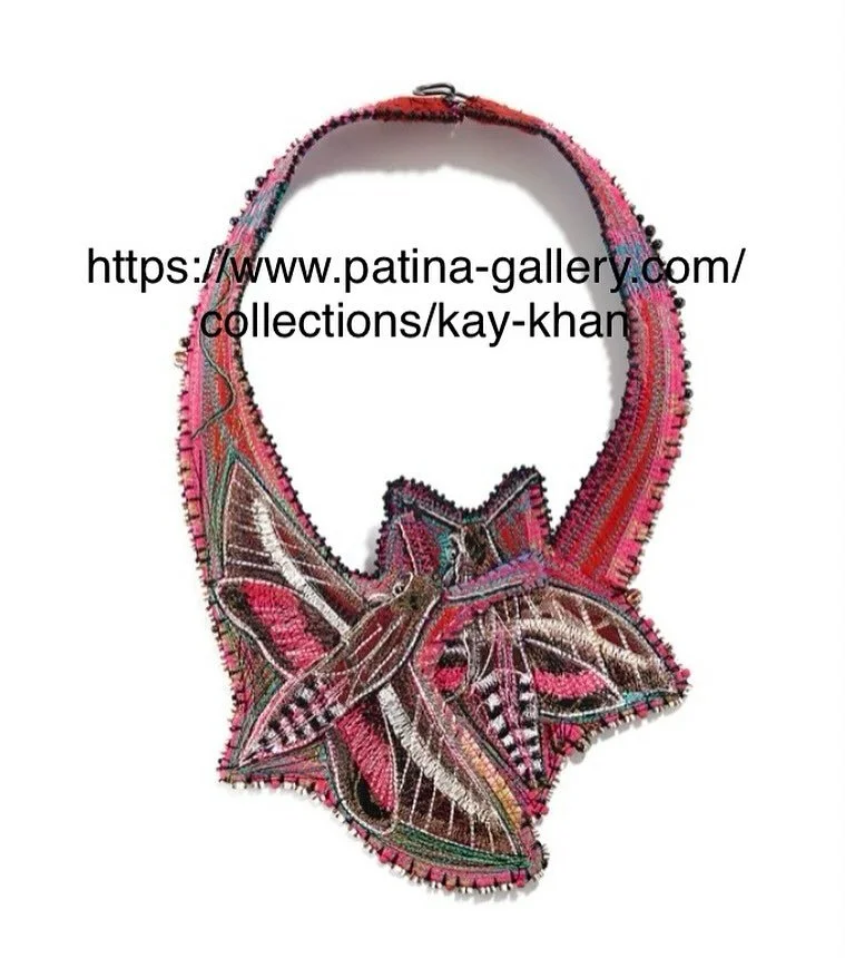 Sphinx Moth #1, textile necklace, one-of-a-kind #patinagallery #kaykhanart #textilenecklace #artjewelry #artjewellery #contemporaryfibreart #contemporaryfiberartist #contemporaryfiberart #contemporaryfibreartist #textileninja