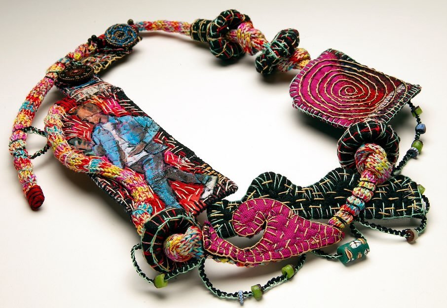 Two cropped/detailed images of my narrative necklace &ldquo;The Text&rdquo; from the recent photo shoot. 
Photo by Penina M. Thank you Penina!
&copy;️ Kay Khan Art, 2025, all rights reserved #kaykhanart #contemporaryfiberart #artjewelry #artjewellery