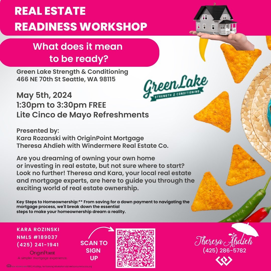 Don't Miss Out! 
I am hosting a Real Estate Readiness Workshop with Kara Rozanski from OriginPoint on May 5th from 1:30 - 3:30pm at Green Lake Strength &amp; Conditioning!  Lite Cinco de Mayo Refreshments will be served.

Are you dreaming of owning y