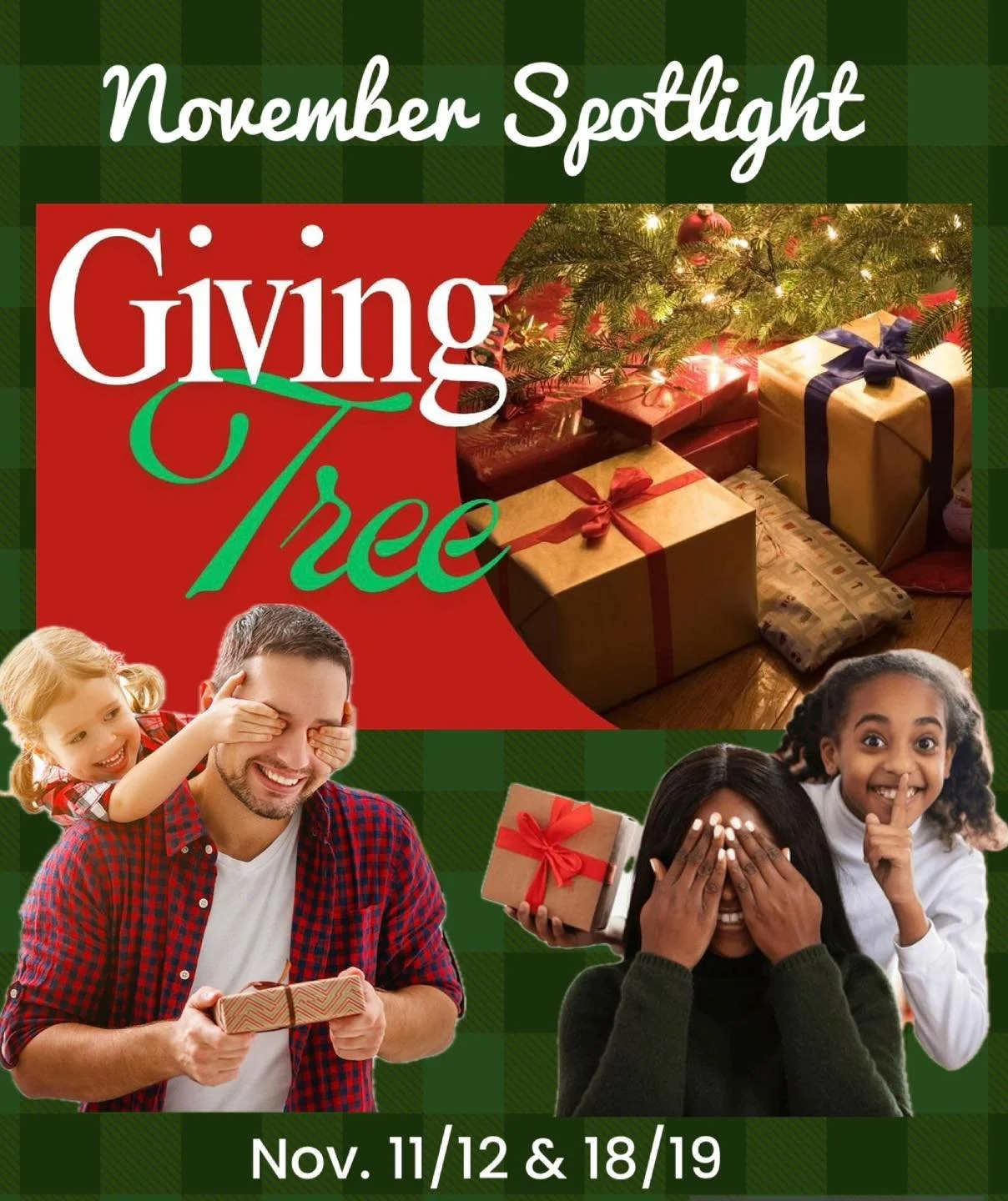 🎁🎄November Spotlight🎄🎁

Hi, Friends! Our Mission spotlight for November is on the GIVING TREE! Every year, 60 families in need from our community get to experience the joy of Christmas and the hope of Christ as they fill their tummies with a tast
