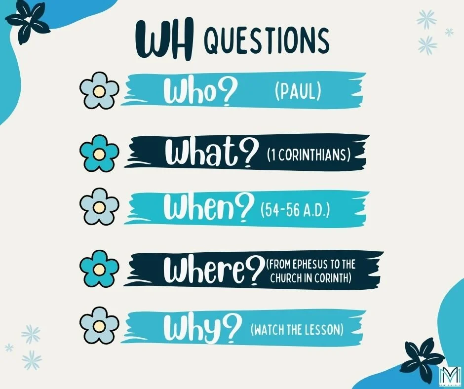 We started 1 Corinthians this week and Mary taught through the "WH Questions" and then taught the first chapter.  It's so helpful to learn the historical and cultural context of each book in order to truly understand the message or as Mary 