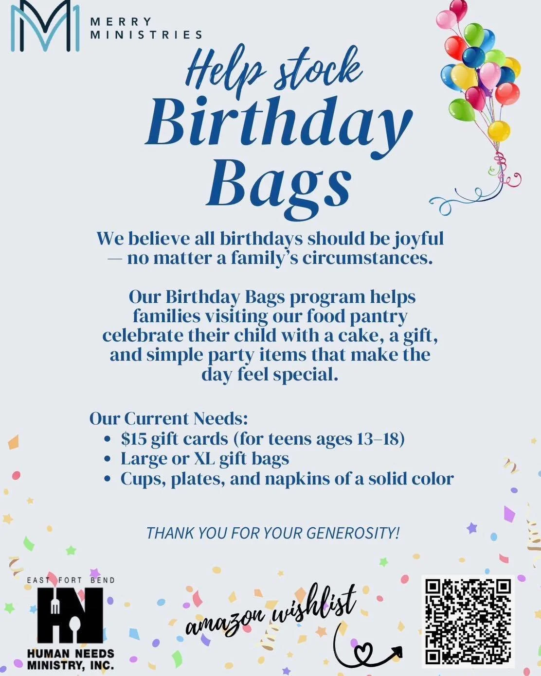 🛍️🎉March Missions Spotlight🎉🛍️
East Fort Bend Human Needs Ministry

EFBHN believes faith is expressed in caring for the poor, the homeless and all who have no access to the abundant resources our society possesses. Their mission is to address the