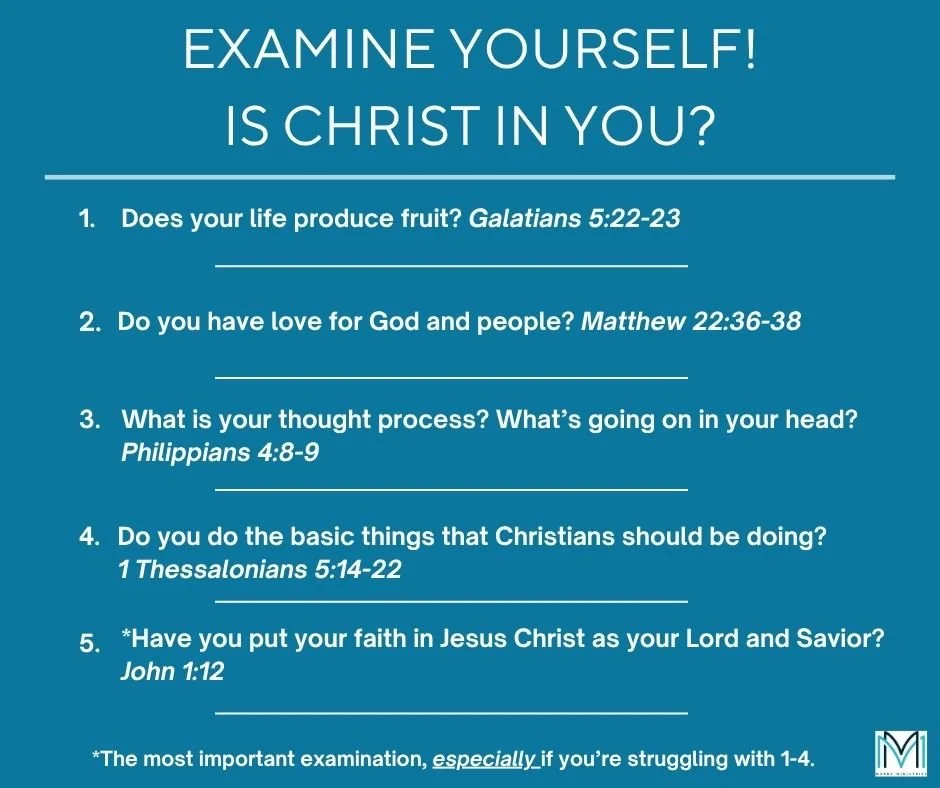 "Test yourselves to see if you are in the faith. Examine yourselves. Or do you yourselves not recognize that Jesus Christ is in you? ​&mdash; ​unless you fail the test." 2 Corinthians 13:5

Mary finished our semester teaching 2 Corinthians 
