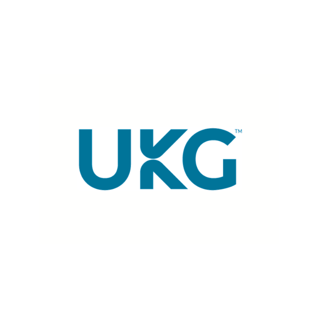 Logo of UKG in blue color on a white background