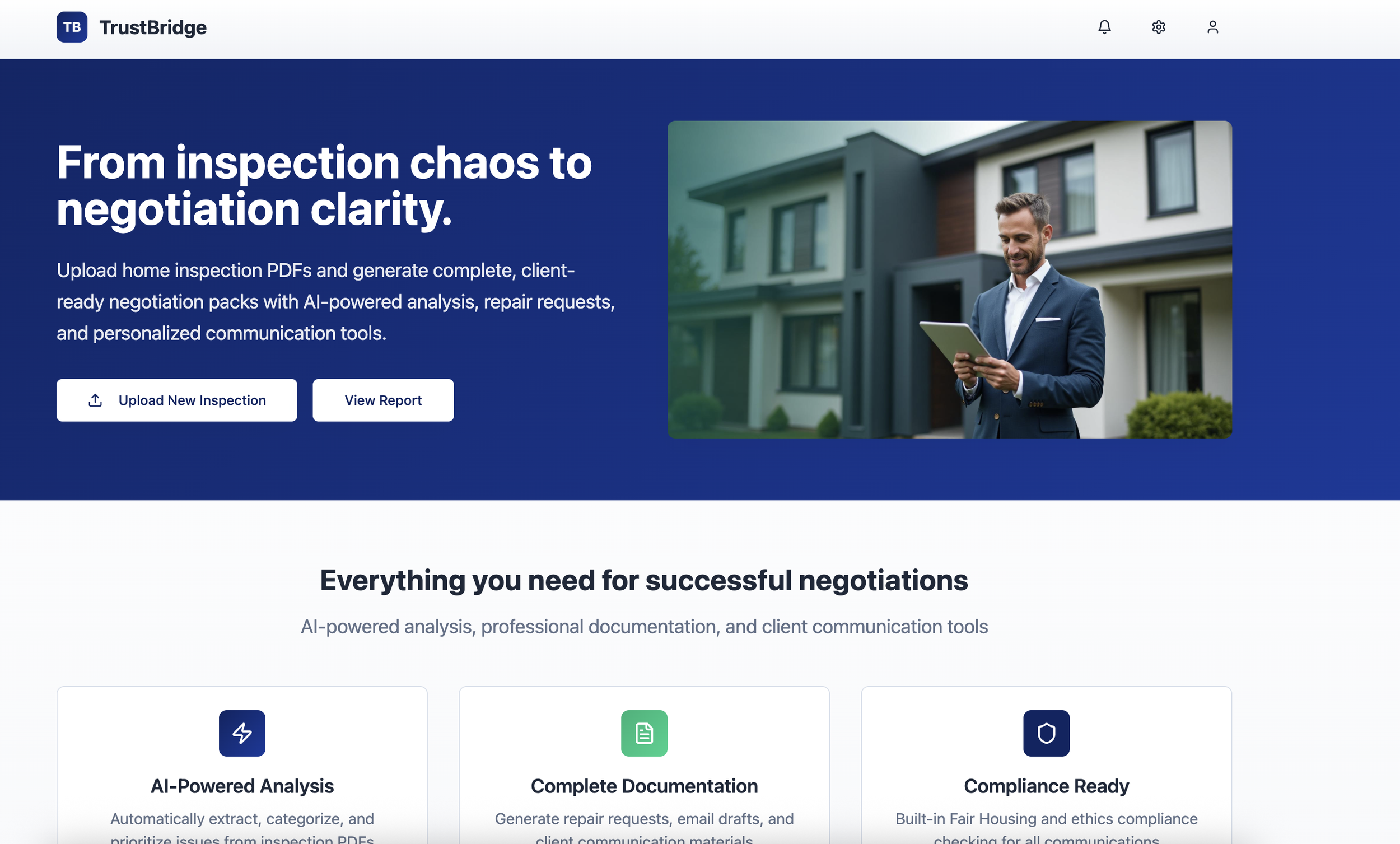 Screenshot of TrustBridge home page showing a man in a suit using a tablet outside in front of a modern house, with a dark blue background and navigation options.