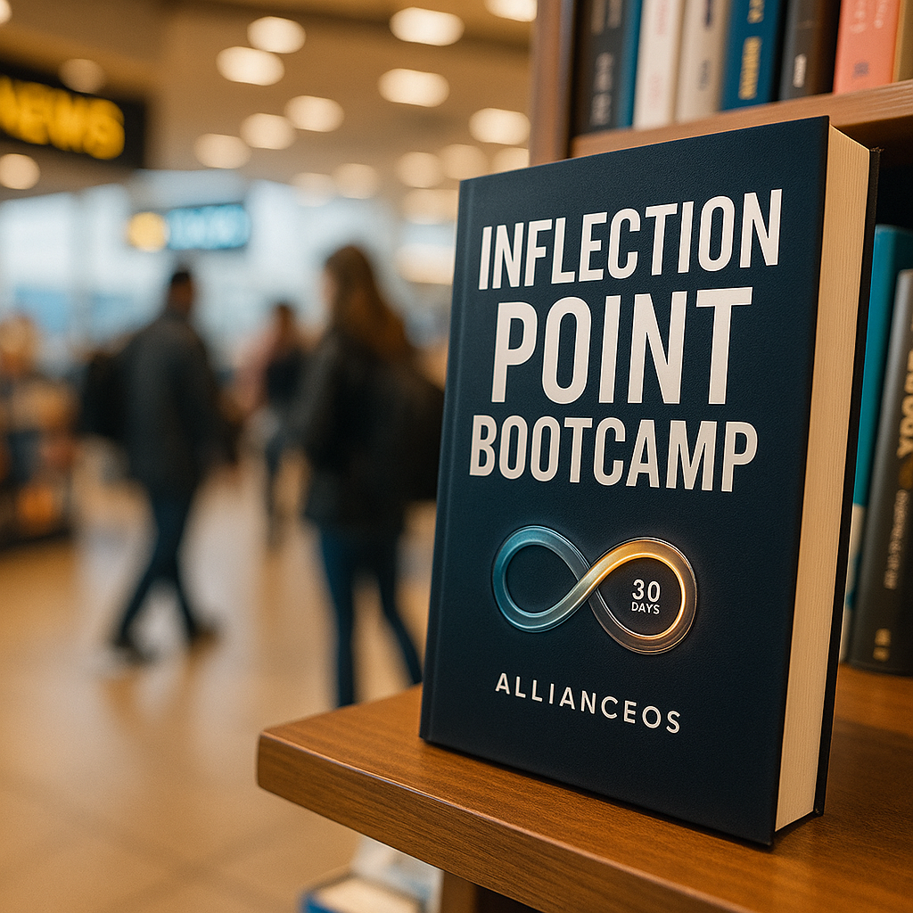 Book titled 'Infection Point Bootcamp' displayed on a wooden shelf in a bookstore, with blurred shoppers in the background.