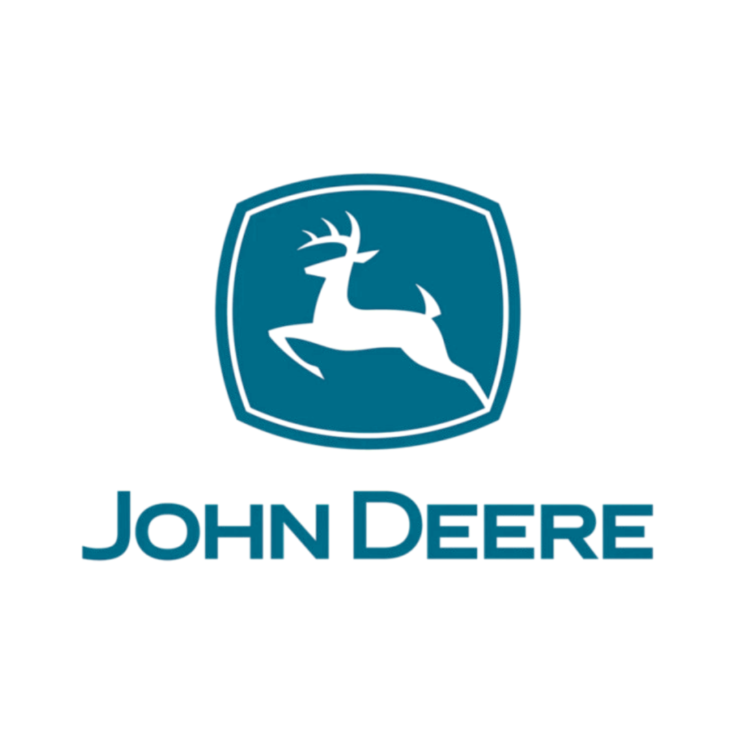 Logo of John Deere in blue color on a white background