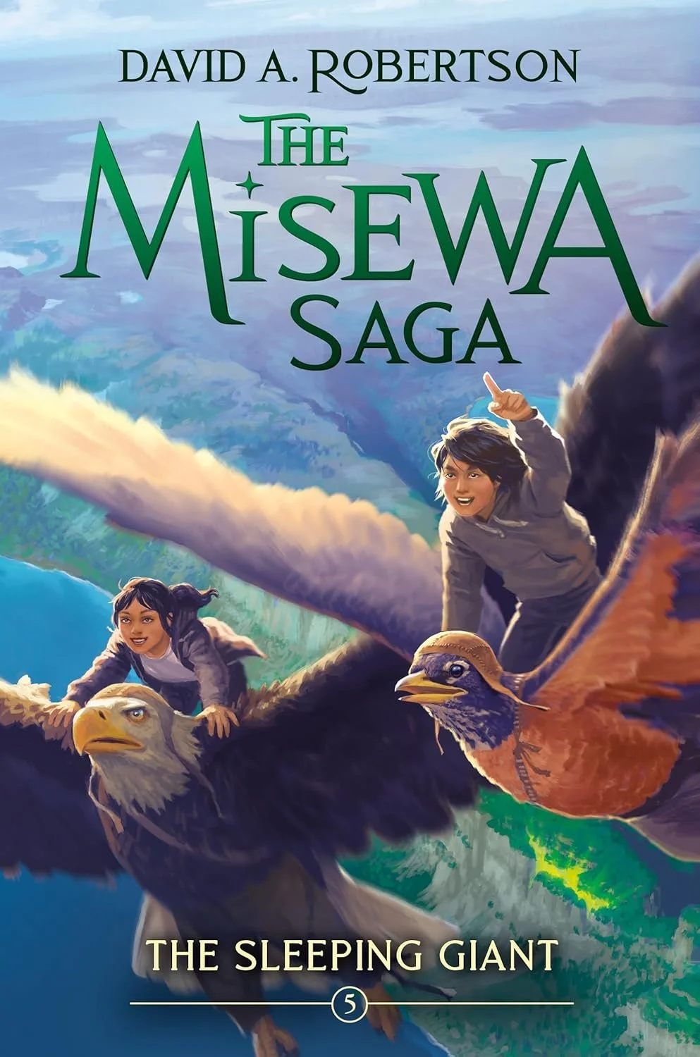 Book cover for 'The MISEWA Saga: The Sleeping Giant' by David A. Robertson, featuring two children riding on the backs of giant birds flying through a mountainous landscape.