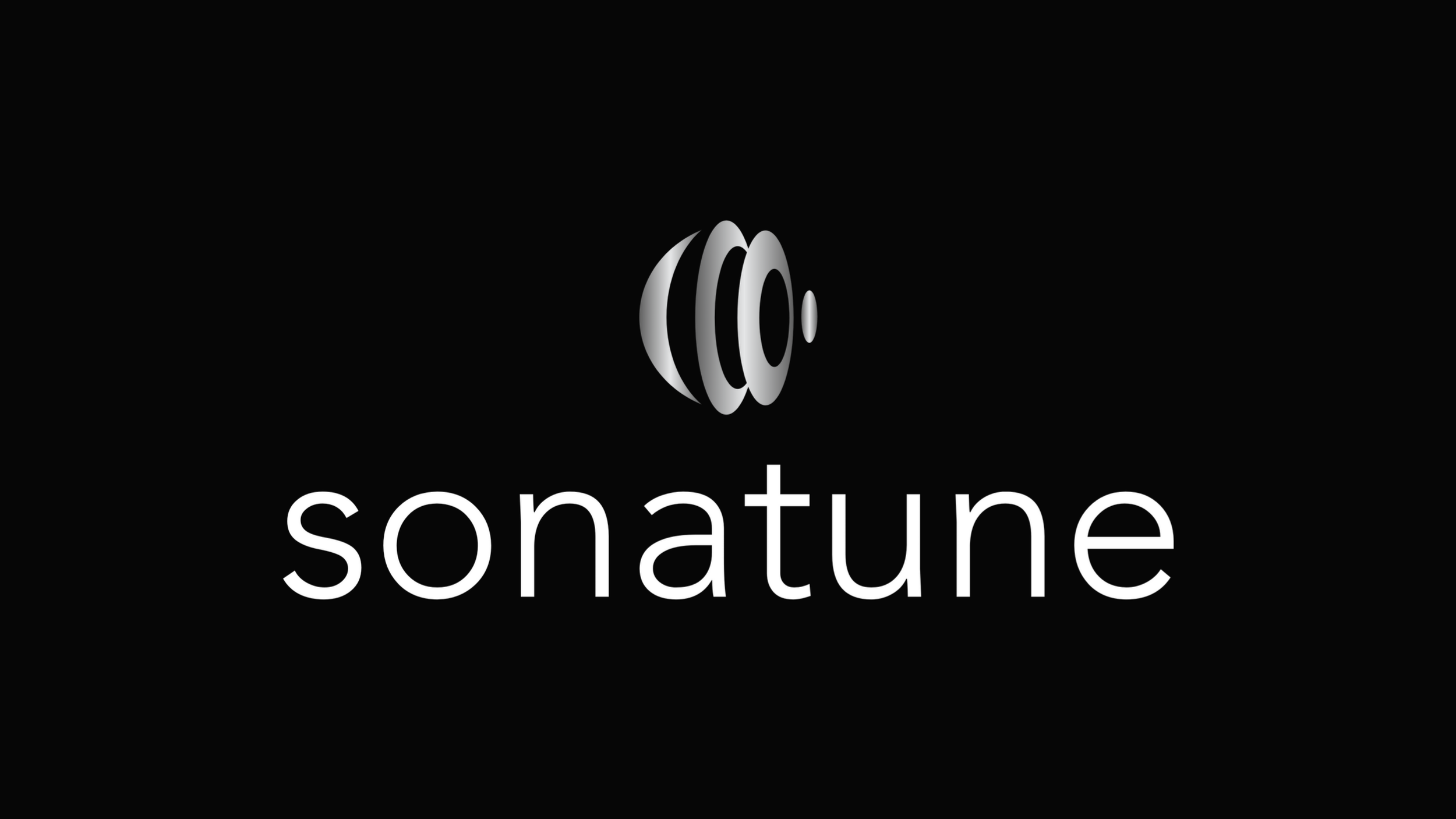 Sonatune logo. Sonatype logo with a stylized spherical icon above the company name in lowercase white letters on a black background.