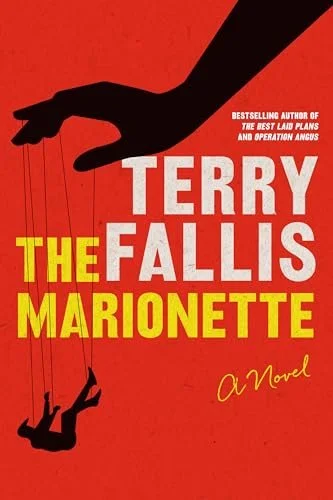 Book cover for 'The Marionette' by Terry Fallis, with a red background, black hand controlling a puppet, and yellow and white text.