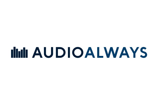 Logo of AudioAlways with a blue icon of a speaker and the word 'AUDIOALWAYS' in bold blue letters.