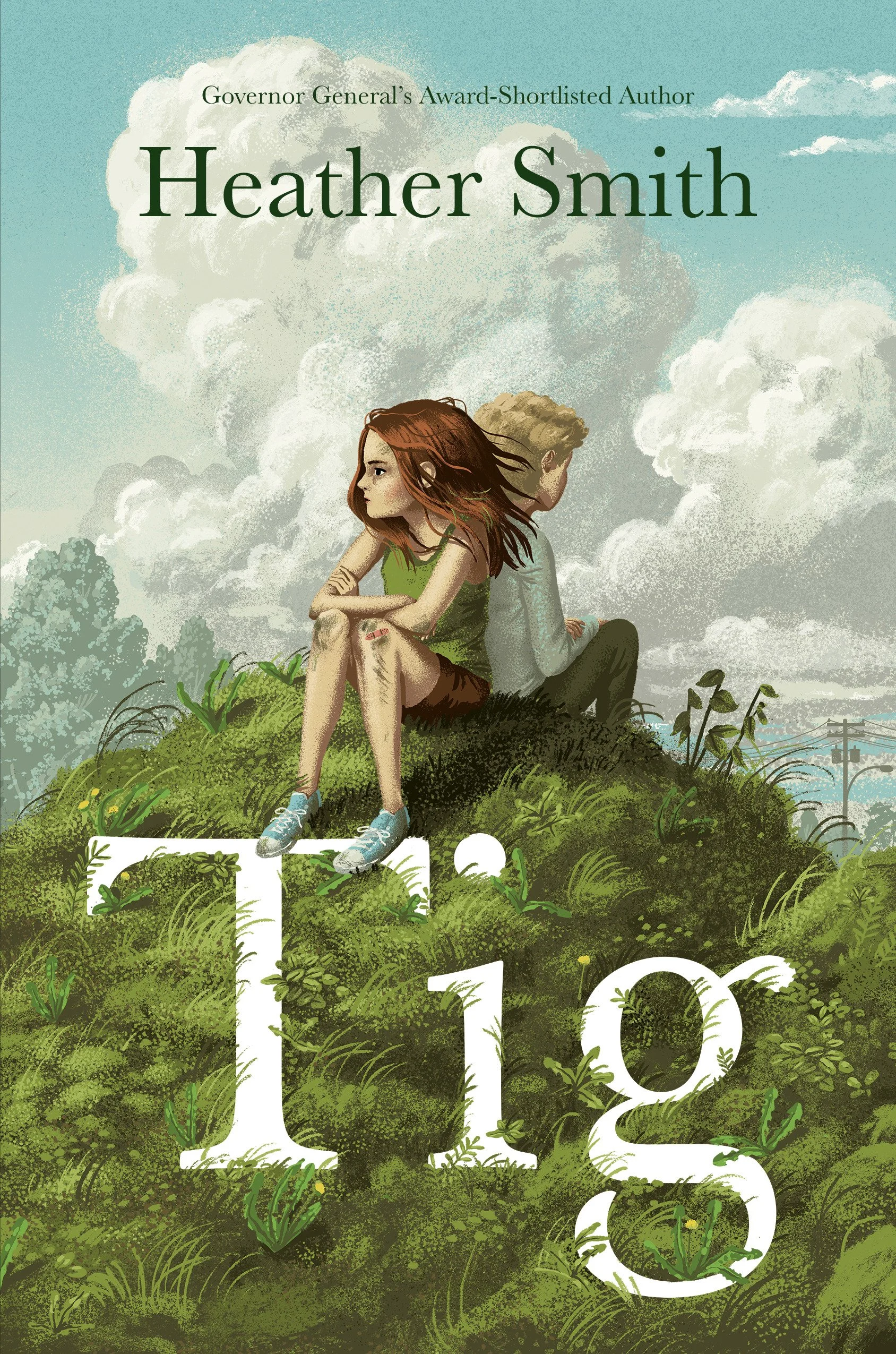 Book cover for 'Fifteen' by Heather Smith, depicting a girl with red hair and a boy with blonde hair sitting on a grassy hill, with clouds in the sky in the background.