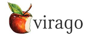 A logo featuring an apple with a bite taken out of it and a green leaf, followed by the word 'virago' in lowercase letters.