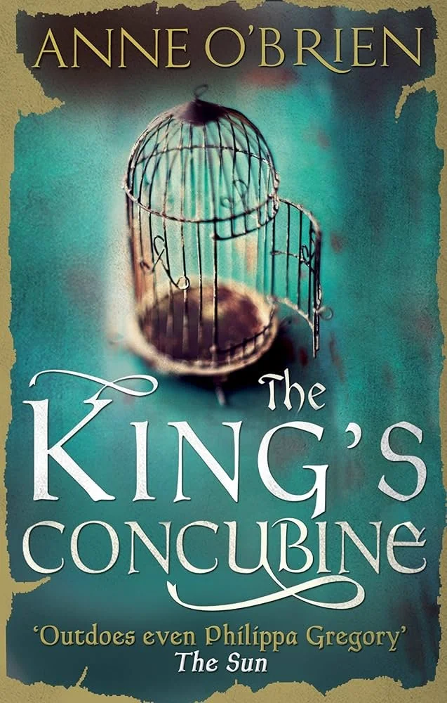 Book cover for 'The King's Conquine' by Anne O'Brien, featuring a birdcage with a keyhole and an open door, set against a teal background with torn edges.