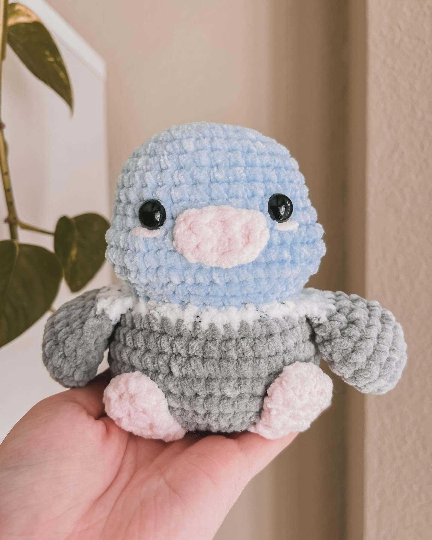 Pudgy the pigeon 🐦🤍🩶🩵
Pattern is releasing WEDNESDAY and I&rsquo;m so excited!!

Yarn: shinny chenille by Michael&rsquo;s (an absolute new favorite)
Pattern: releasing May 1st on my site and Etsy!

#crochet #crochetpattern #crochetlove #amigurumi