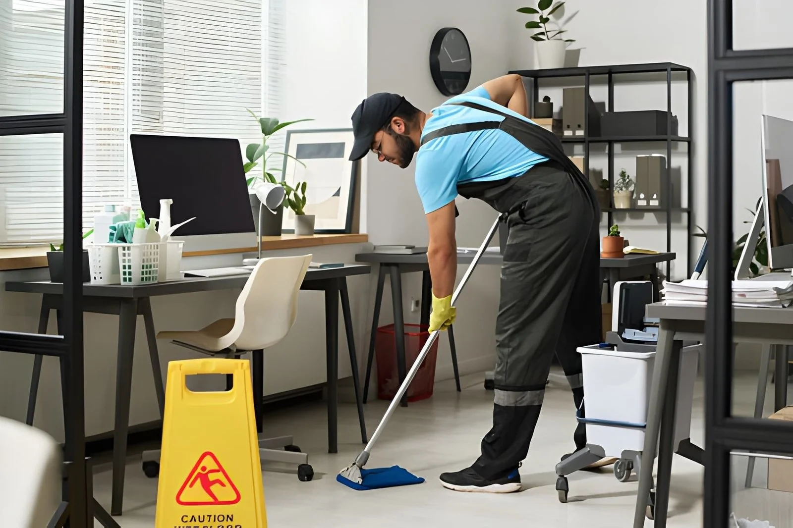 Man using a mop for office cleaning in Manchester