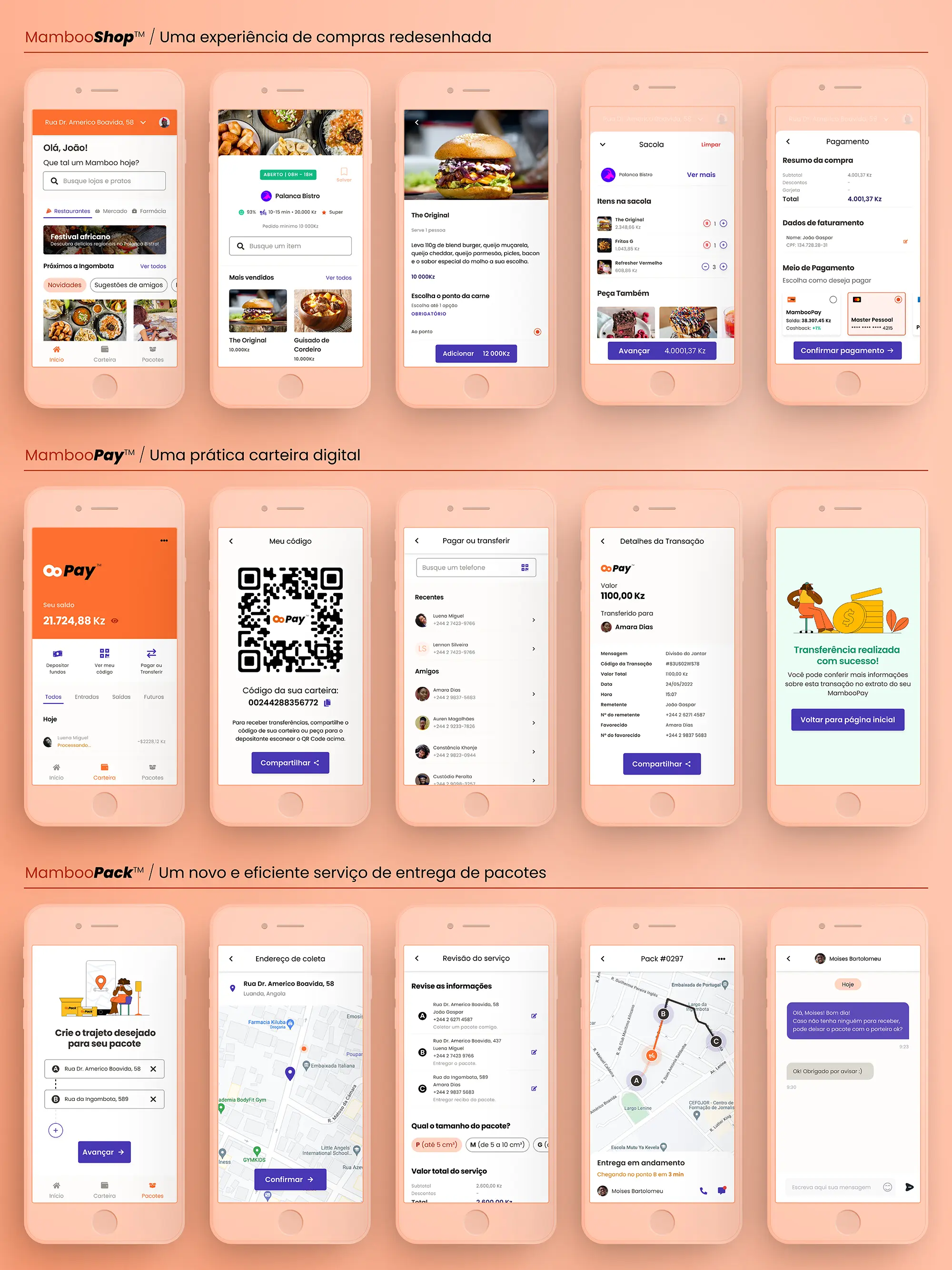 New SuperApp screens, demonstrating its three main services: MambooShop, MambooPay and MambooPack