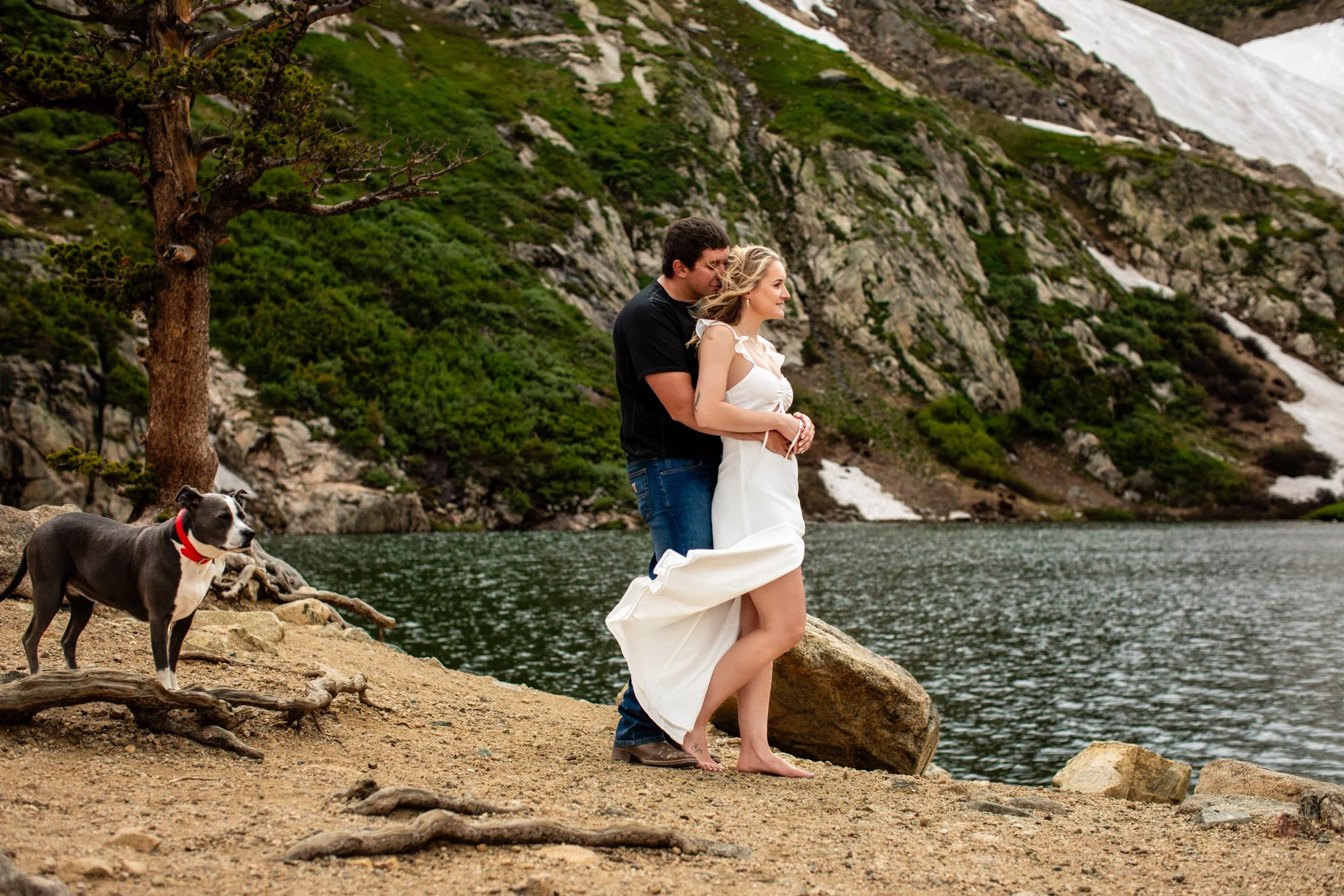 A couple stands by a lake in a mountainous area with snow patches, with a dog sitting on the ground nearby. The woman is holding her wedding dress, and the man is hugging her from behind. A tree is to the left.