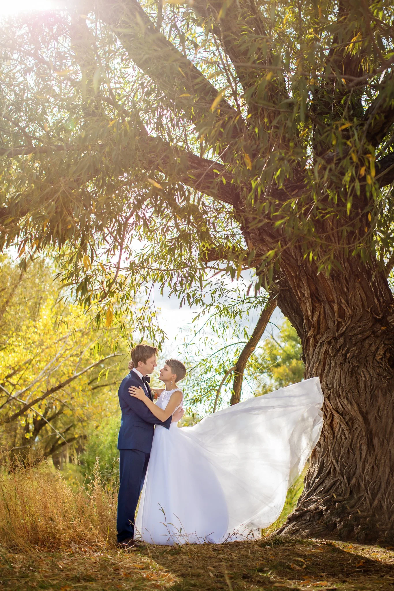 A bride and groom sharing a romantic moment under a large tree during their wedding photo shoot. The bride is wearing a white wedding dress, and the groom is in a dark suit with a bow tie.